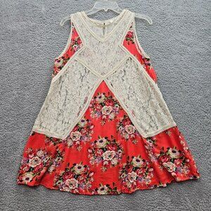Umgee womens Floral Lace Sleeveless Tunic Top size Medium Red Ivory Boho Chic